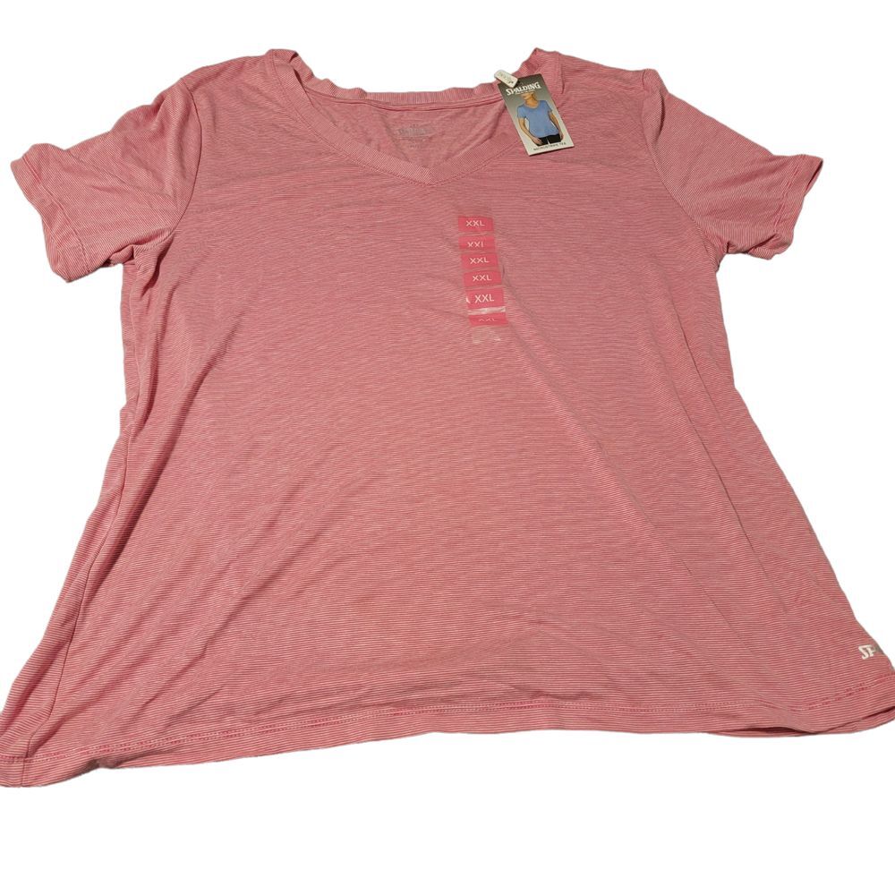 Spalding Womens Pink V Neck Short Sleeve Striped Pullover T Shirt Size XXL